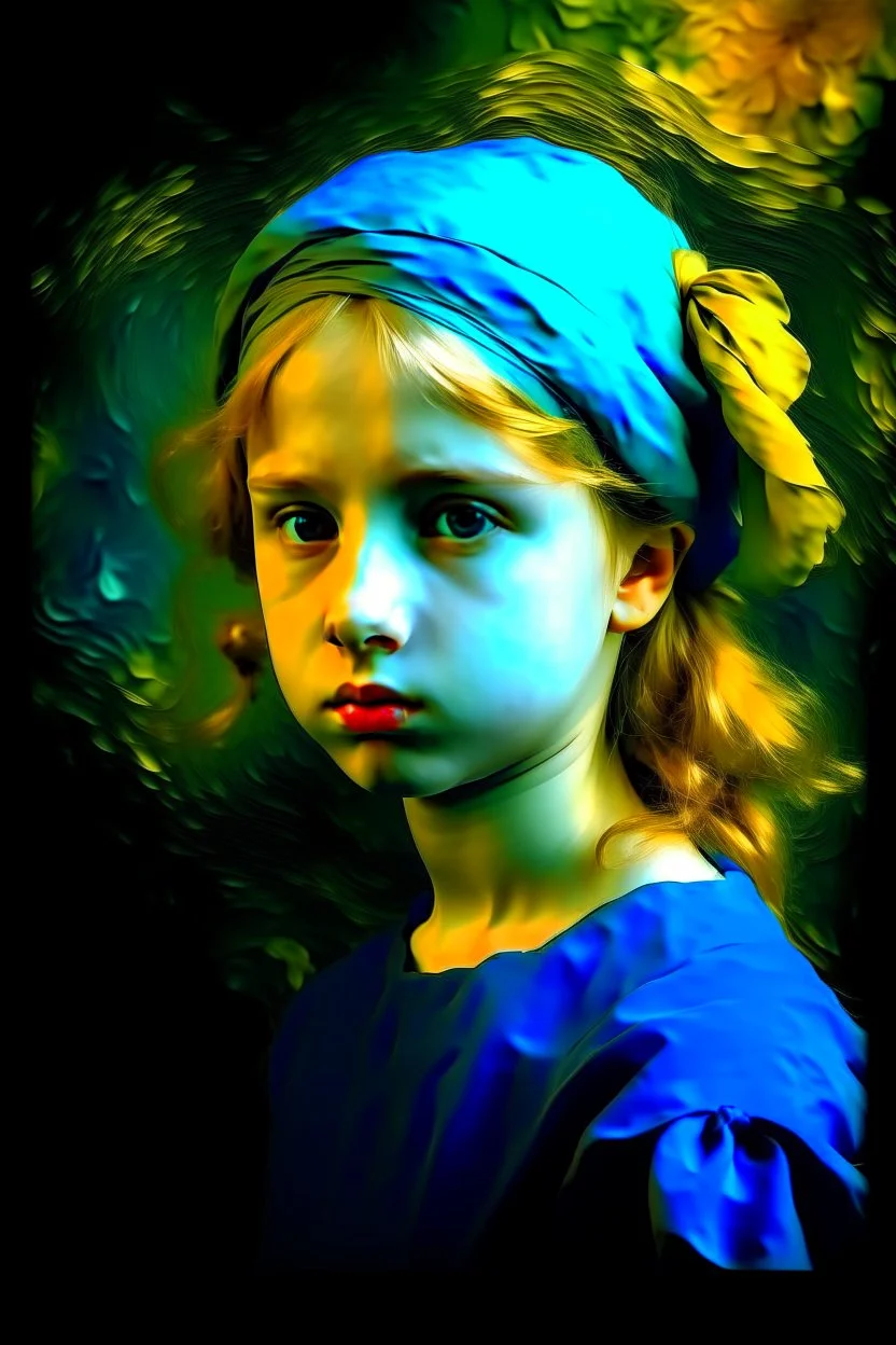 A front profile of a beautiful young girl with her aspirations behind her. Opulent Van Gohn style painting