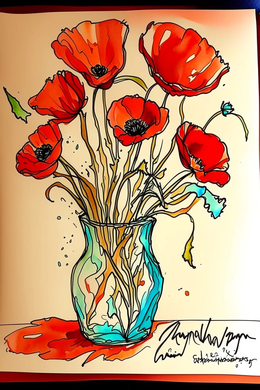 Sketchy sharp line wet watercolour of a vase of poppies in the style of john blockley