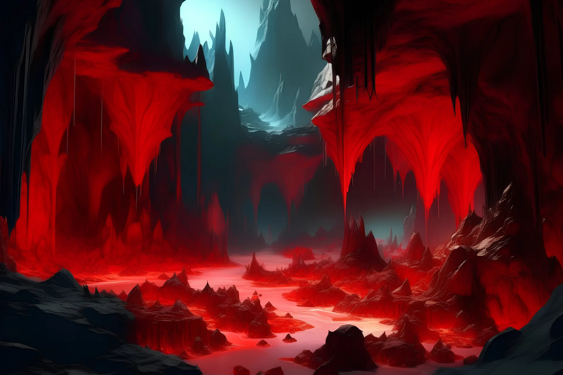 fantasy landscape of a huge cave filled of giant red cristals and with some mineshafts,