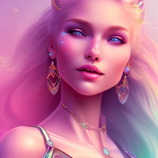 Smiling happy cosmic girl, jewels, realistic long blond hair, blue eyes, pink glossy lips, cinematic lights, HQ, 4k, high details