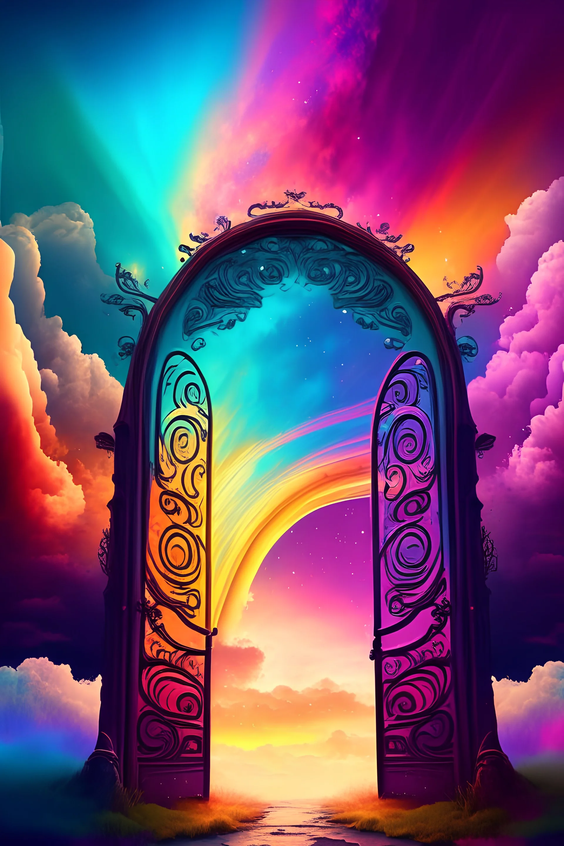 Fantasy gate opening to a colorful sky