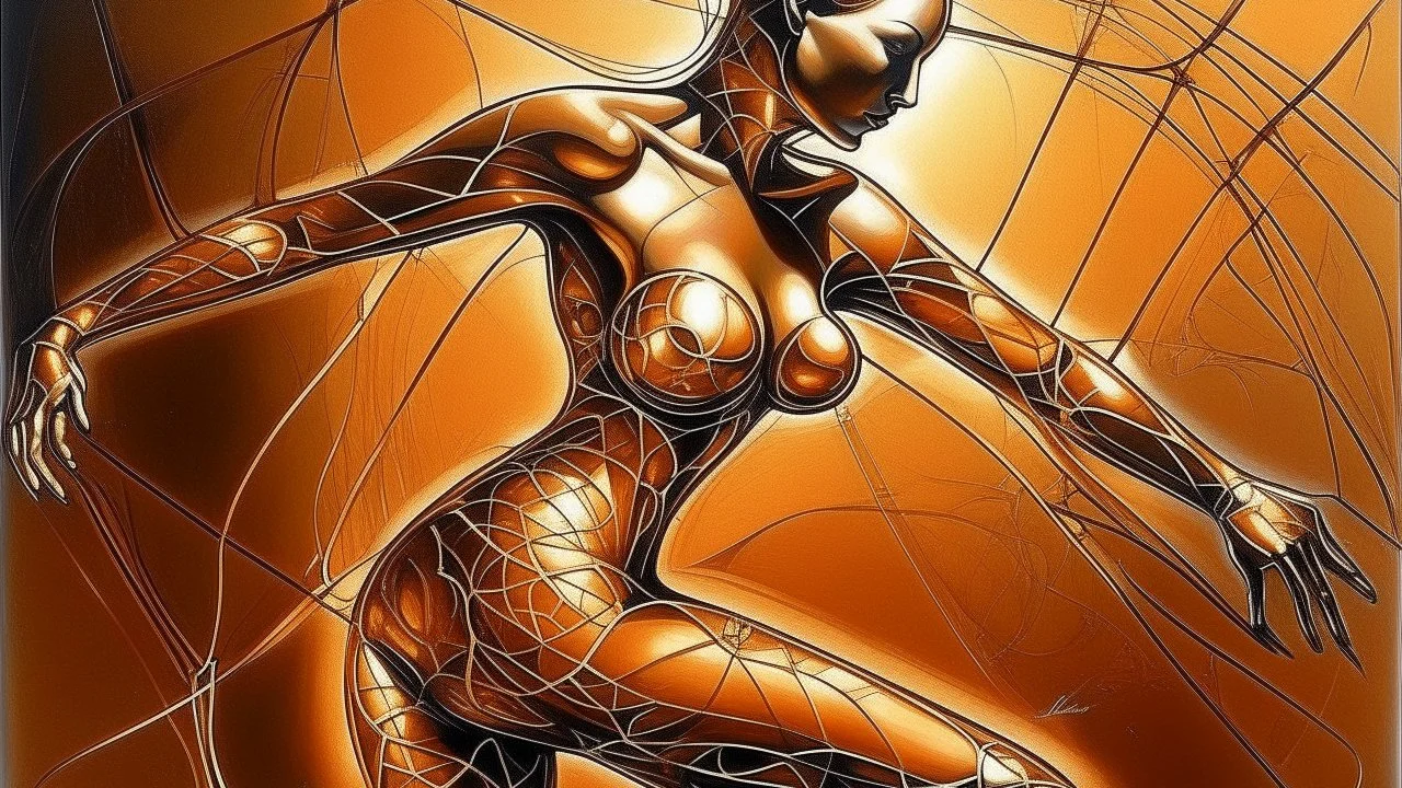 Aldemir Martins · línea sensual brasileña. En posición de danza, pero sin sombra. Óleo sobre cobre, brillo metálico. Imagen artística surrealista centrada en la figura humana.