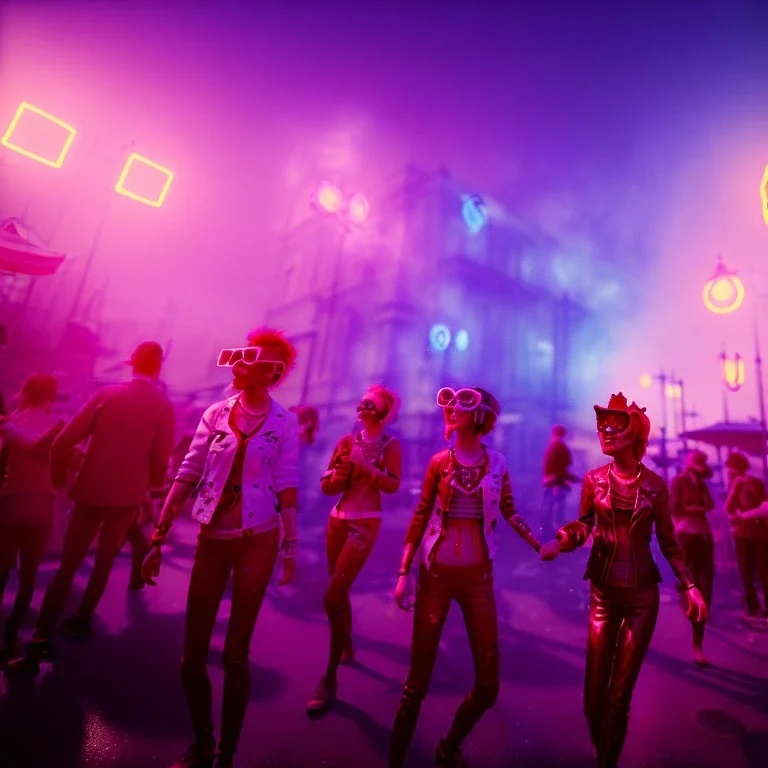 Ultra Realistic photo, medium shot view, drunken women, carnival scene, sexy steampunk. Pink hair, confeti, Sunglasses, smoking, happy, festival, red fog. highly detailed, concept art, unreal engine 5, ray tracing, RTX, lumen lighting, ultra detail, volumetric lighting, 3d, finely drawn, high definition, high resolution.