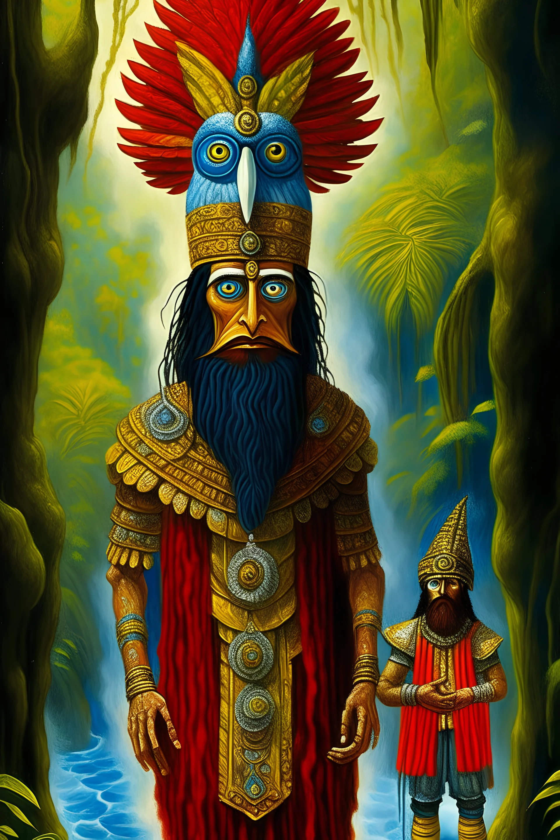 giant tall long elongated head with large alien eyes, thick lips, prince anunaki ancient god wisdom African with red hair in the garden of eden, , rain forest, hero, all seeing eye, owl, Well Endowed, Space suite, Full Body Shot, F size, healthy, Full Lips, Hyper Detailed Face, Photorealistic, Intricately Detailed, Oil Painting, Heavy Strokes, By Jean Baptiste Monge, By Karol Bak, By Carne Griffiths, Masterpiece, Unreal Engine 3D; Symbolism, Colourful, Polished, Complex; UHD
