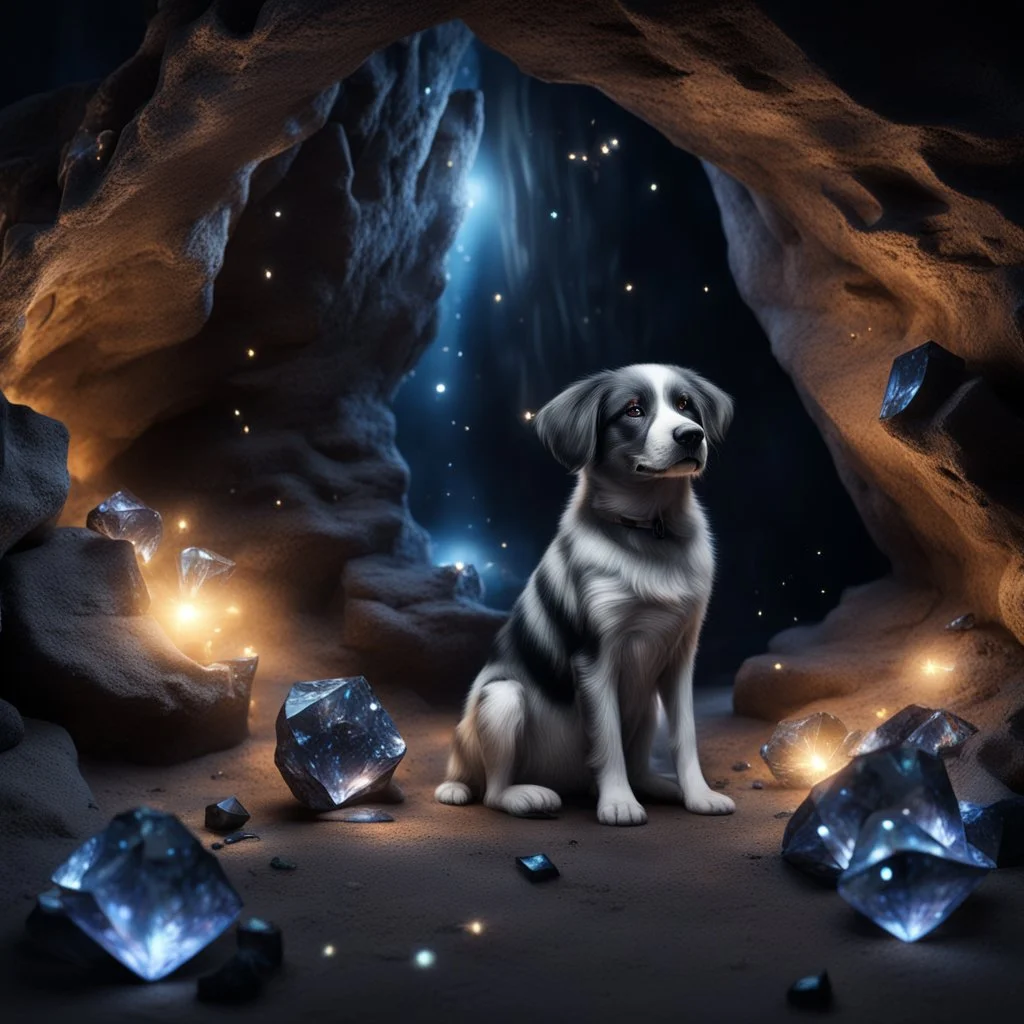 Hyper Realistic dog guarding black crystals with fireflies in a cave at night