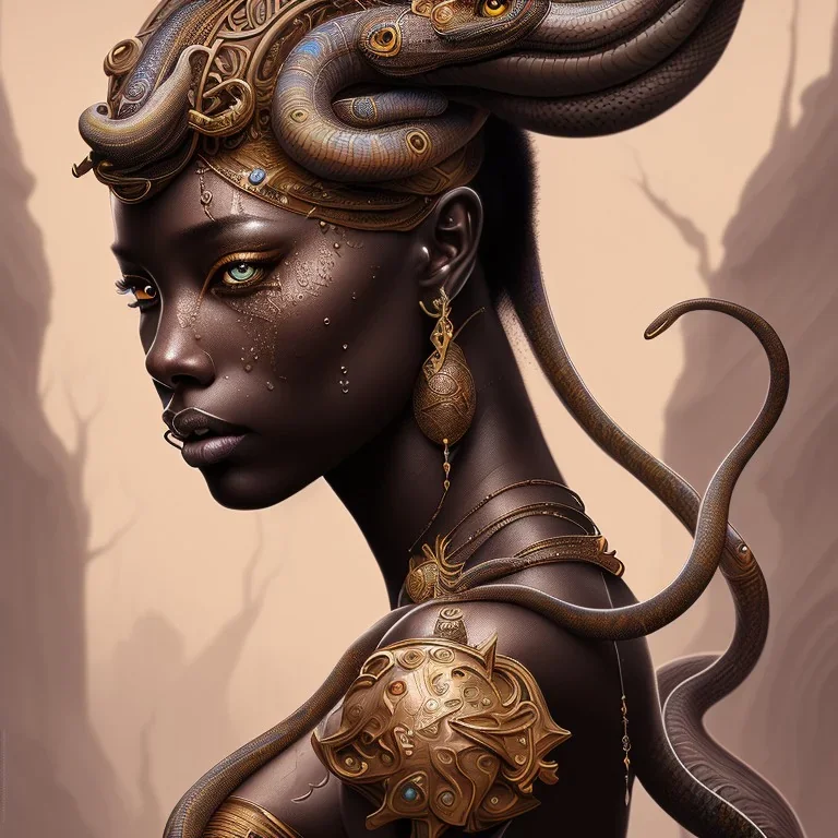 sango fantasy, fantasy magic, intricate, sharp focus, illustration, highly detailed, digital painting, concept art, matte, masterpiece snake head sexy lady body black African beauty tiger wearing African hair one head rain background