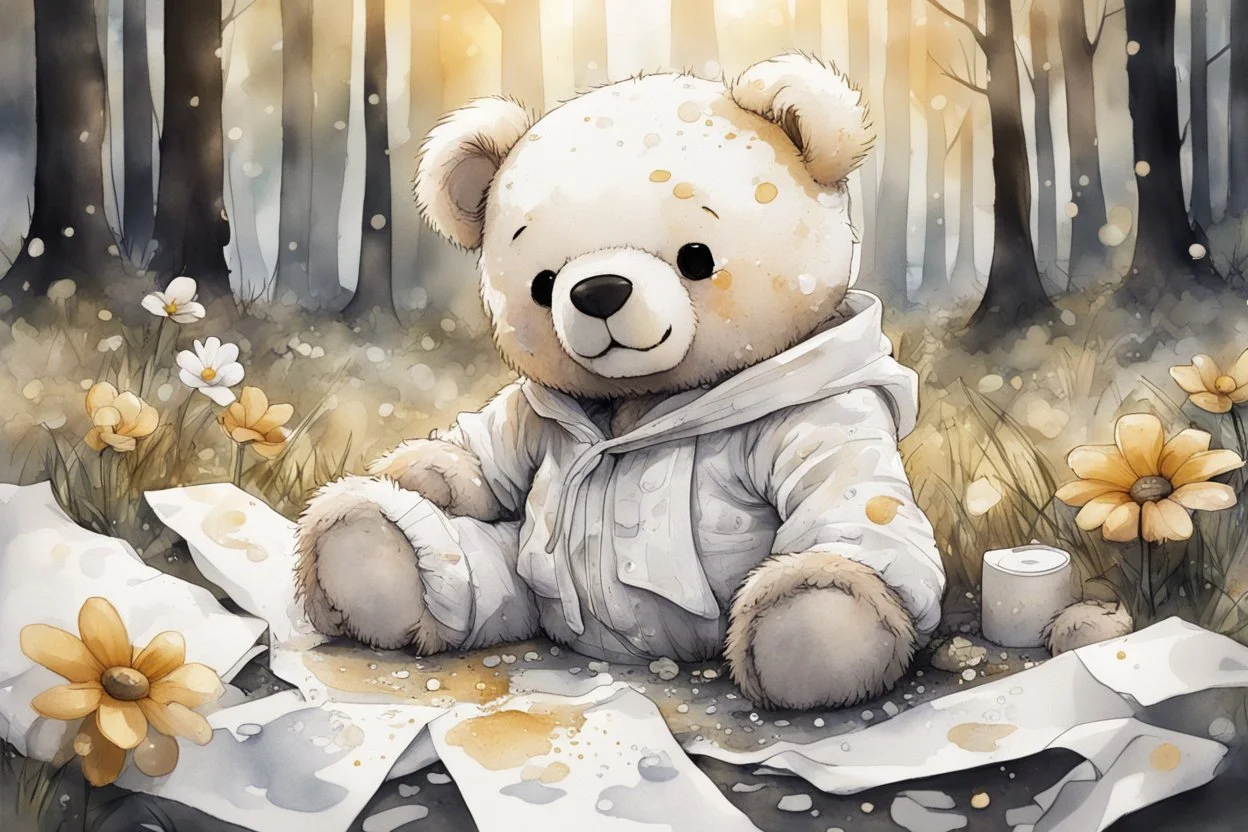 close-up of a cute chibi teddy bear packing piles of white clothes in the forest, laundry machine, grass and flowers next to him, melting watercolour and black ink outlines on wet paper, photorealistic, golden glitters S<AI in sunshine, ethereal, cinematic postprocessing