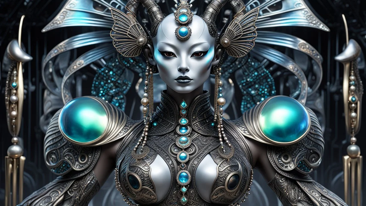 a full body shot of a beautiful menacing prismatic and (iridescent:1.5) (geisha alien:1.5) with perfect gorgeous black alien eyes and adorned with (unique bone carvings:1.5) with futuristic jewelry and pearlescent butterflies filigree, H.R. Giger style, Japanese and alien background, sharp focus, whimsical, fantasycore, aliencore, gothcore, lillies and tropical flora, aliens