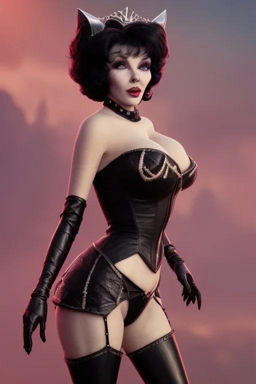 Joan Collins as evil queen in black leather, leather, busty, cleavage, angry, stern look. character design by cory loftis, fenghua zhong, ryohei hase, ismail inceoglu and ruan jia. unreal engine 5, artistic lighting, highly detailed, photorealistic, fantasy