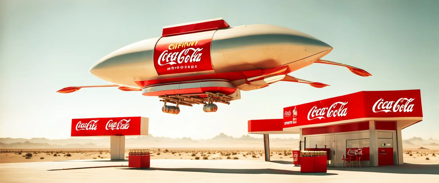 Coca-Cola Branded unmanned combat aerial vehicle flying over a Mcdonalds brand tank, middle east Desert, cinematic, Fuji Film, Anamorphic lens, 2040s, deep depth of field, in a Cyber punk WW3 film, Like Fallout 4