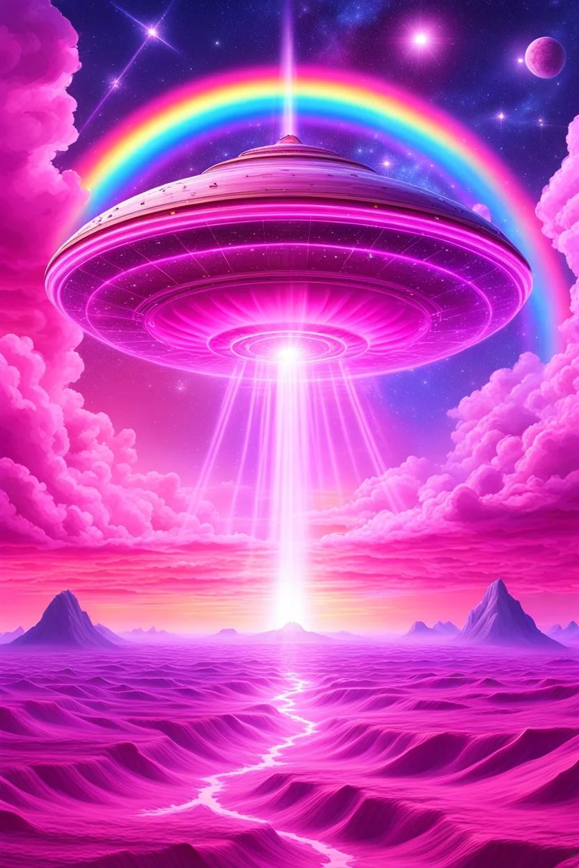 vaisseau interdimensionnel de couleur rose, grands rayonnements, dans un cosmos rose et jeu très étoilé d'or, 8K,ufo rainbow