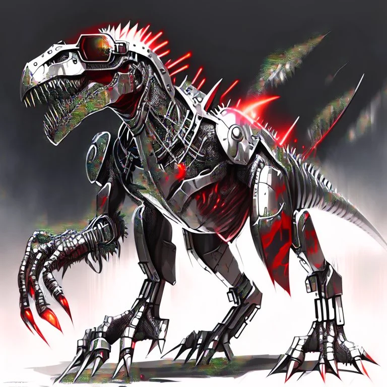 The drawing depicts a cyborg dinosaur with enormous length and a strong body. It is characterized by a silver textured and shiny body, and the body looks as if it is made of a single piece of metal. The dinosaur wears black and red virtual reality glasses, and rays come out of them