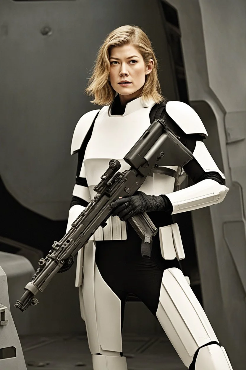 [Rosamund Pike] Captain Rosamund Pike emerged from the escape pod with a steely determination befitting her role as a lost elite Imperial stormtrooper. Though she is in rags, she remained a proud member of the Empire's military forces. The harsh environment of this unknown planetary would not break her spirit or training. Taking stock of her situation, Captain Pike inventoried what supplies had survived the rough landing intact.