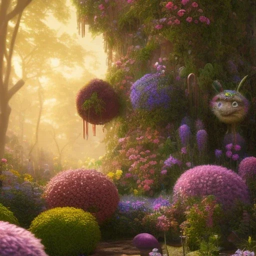 pixar style, volumetric summer garden environment and background, realistic painting of chocolate, looking excited, volumetric lighting, dramatic lighting, detailed digital painting, extreme dense and fine fur, anime, ornate, colour-washed colors, elegant, small minutiae, tiny features, particulars, centered, smooth, sharp focus, renderman gofur render, 8k, uhd, detailed eyes, realistic shaded volumetric lighting, sunlight caustics, backlight, centered camera view