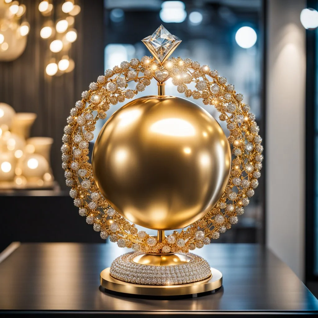 A magnificent golden and silver heart-shaped sign adorned with a stunning golden sphere encrusted with sparkling diamond clusters at its center, elegantly spinning in position.