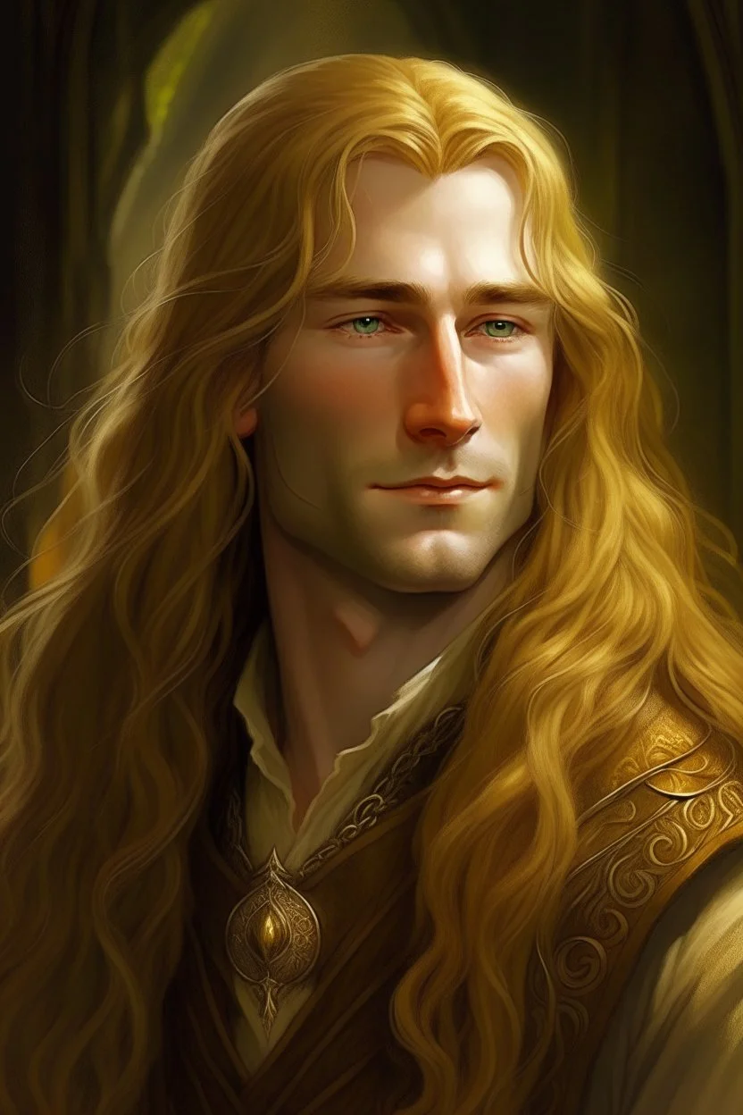 A young serene Lord Of The Rings like man with long golden hair that cascades gracefully. His open eyes, with blind pupils, reflect a depth of wisdom and inner peace. A gentle smile graces his face, adding warmth to his tranquil demeanor.