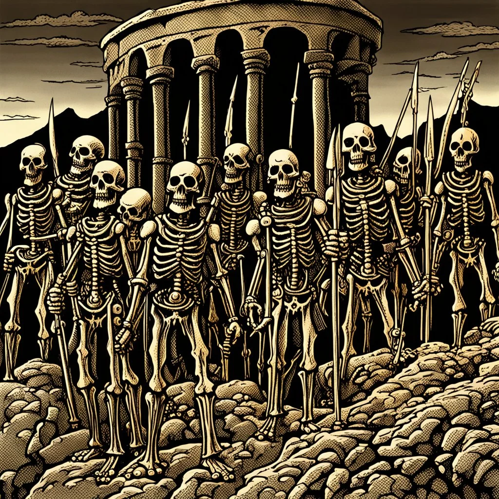 Stop motion animation, vintage animation art of an army of seven warrior skeletons from Jason and the Argonauts, ancient landscape, fantasy adventure, gothic warfare, cartoonist illustration, luminous, comic book style drawing in the style of Ray Harryhausen, Darren G. Davis, Scott Davis, airbrush 90s art, graphic novel, highly detailed, mythological fantasy, epic saga,