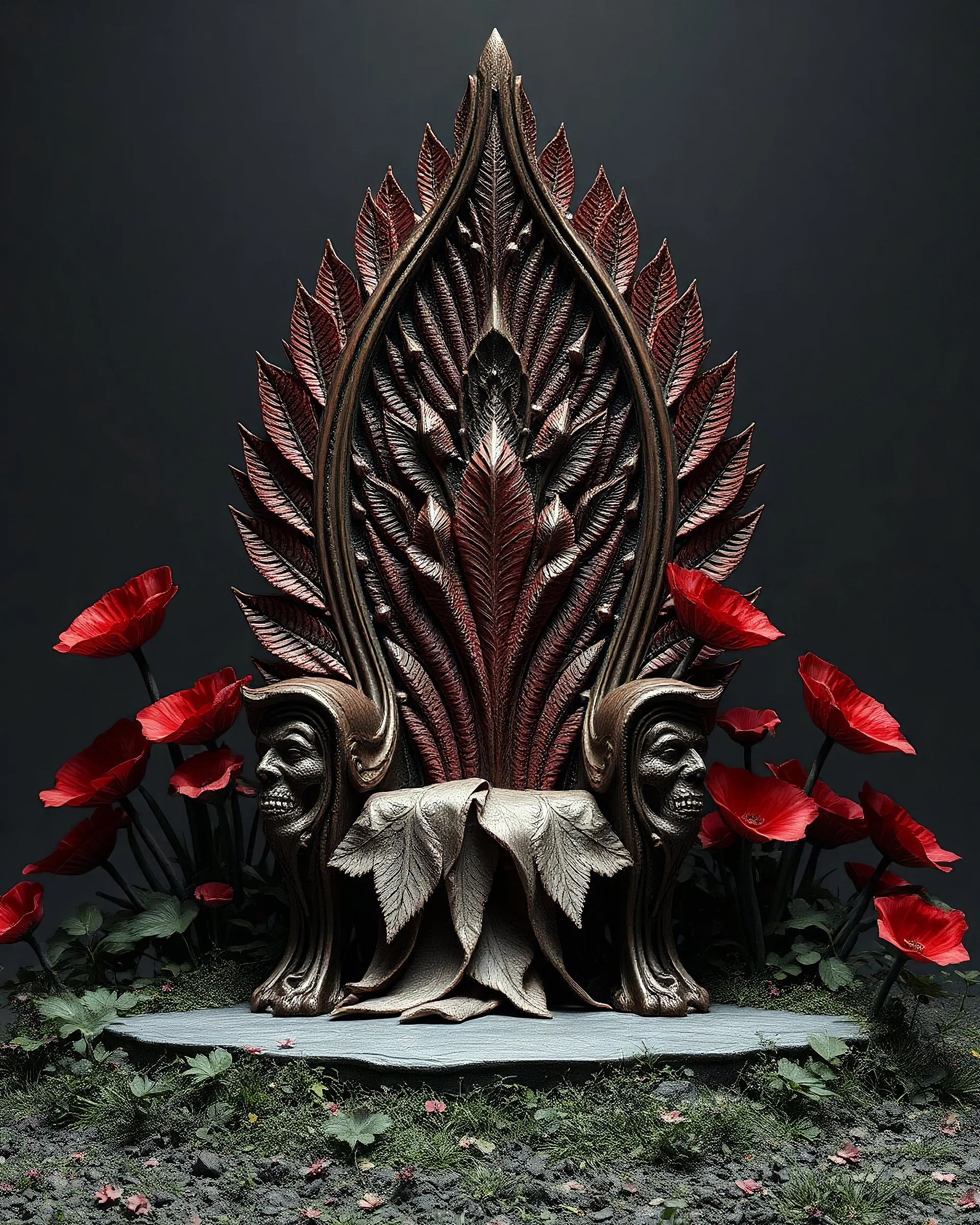 3d throne made out of all cover Papaver Somniferum only leaves, HYPER DETAILED.dark and drungs