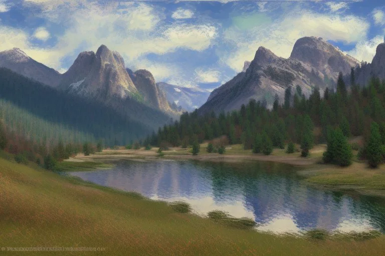 Rocky Mountain National Park landscape scene in the style of Claude Monet Modifiers: Landscape Claude Monet Panoramic View Impressionism School French Impressionists