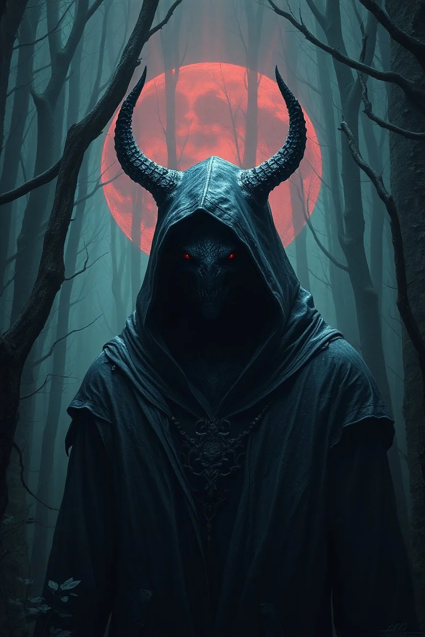 A hooded creature in the forest , dark material, surrealist, elementals, intricate background, masterpiece, octane rendered, artstation