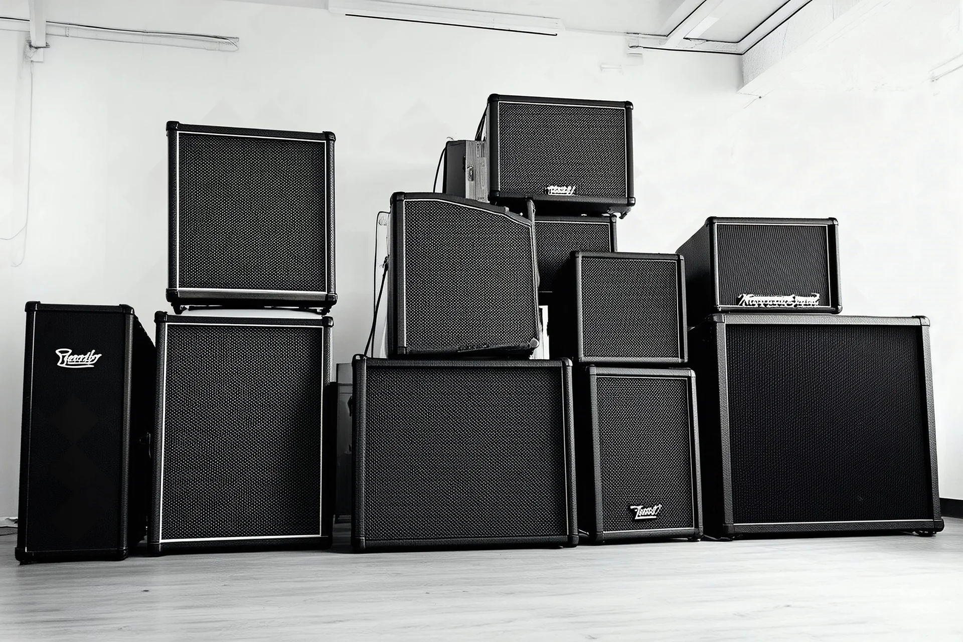 A pile of several guitar speakers in an empty white room