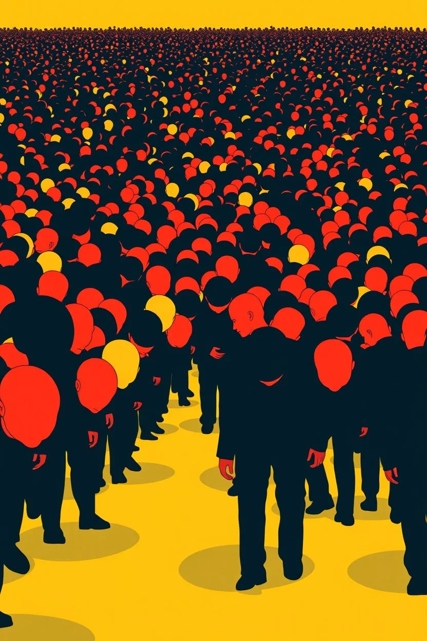 "A conceptual black-and- yellow Red digital illustration of a massive bold heads walking in the same direction, heads down, symbolizing conformity. The atmosphere feels lifeless and repetitive, emphasizing the ordinary mindset of the majority."