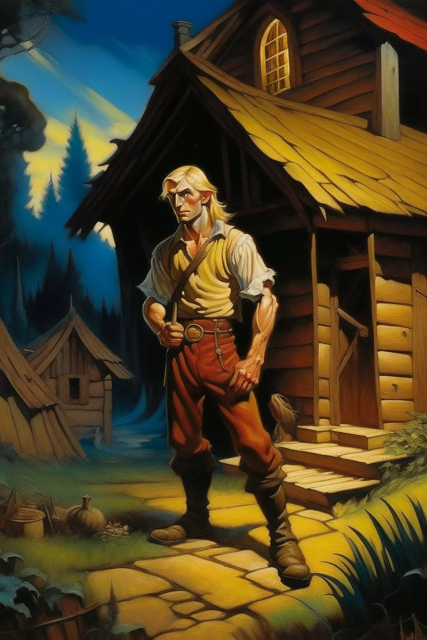 1970's dark fantasy cover dnd style oil painting of a hobo skinny medieval farmer blond man with sport outfits working at a hunted house with minimalist far perspective. Magazine.