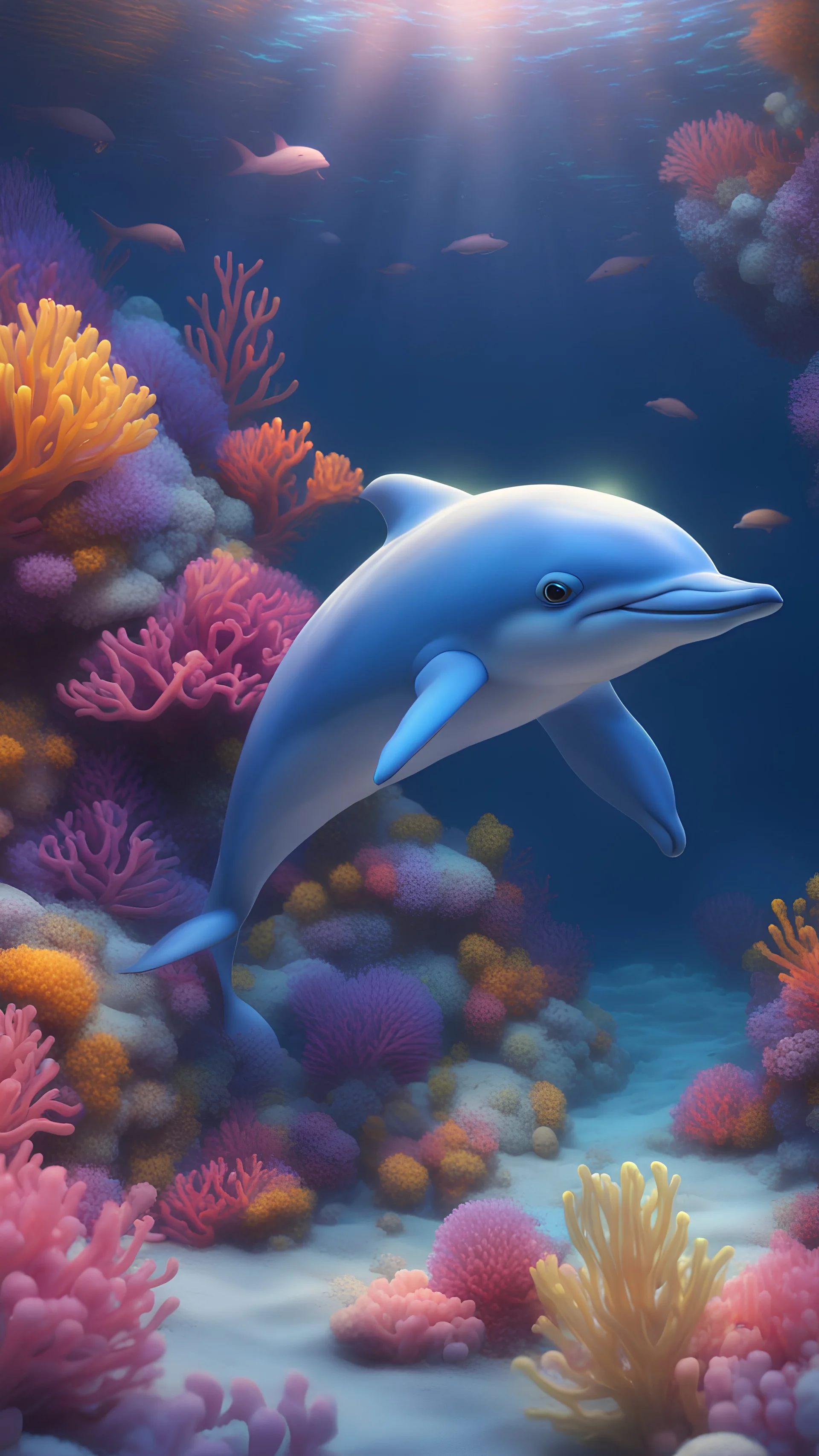 Kawaii, Cartoon, one cute dolphin in the ocean floor with bright colorful corals, All body, with sweet eyes, two fins and a perfect dolphin tail , blue and pink and yellow fluorescent lighting, Caricature, Realism, Beautiful, Delicate Shades, Lights, Intricate, CGI, Botanical Art, Animal Art, Art Decoration, Realism, 4K , Detailed drawing, Depth of field, Digital painting, Computer graphics, Raw photo, HDR