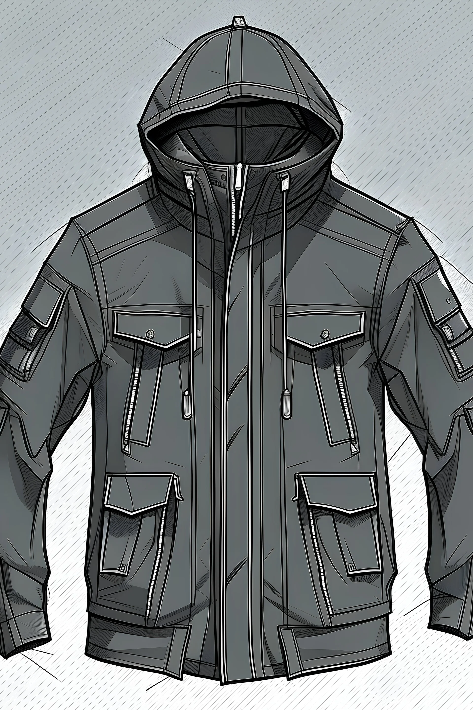Sketch of outdoor cool black jacket with pockets and hoodie.