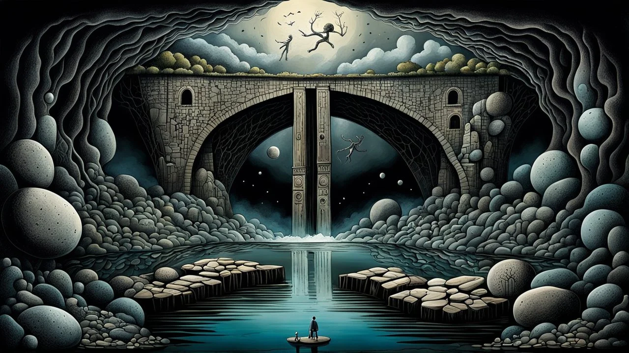 dreamlike inner world with uncontrolled mind and neurodivergens soul, floating rocks over surreal cracked weird landscape . between two dark door one stone bridge over black river, . deep dark colors. Whimsical strange style of Chagall, of Quentin Blake, andYoshitaka Amano of Anton Semenov. some black human creature sitting , flotaing, walking in picture, weird absurd beauty nightmare, black shadow, in background neuronic network, surreal vibe, cinematic