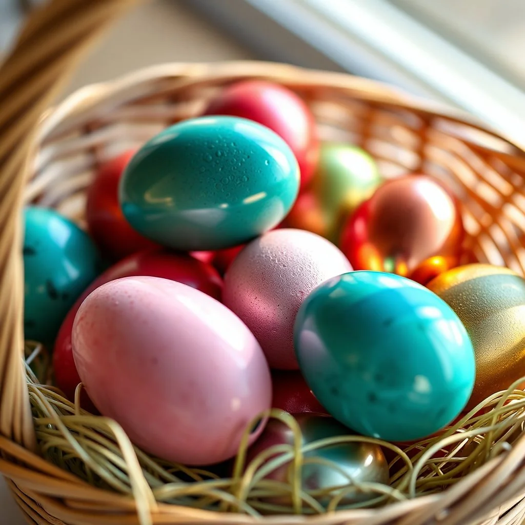 digital photograph of modern basket colorful Easter eggs. eggs display in azure, emerald, blush,red, crimson,gold, sapphire,metallic cinematic HDR backlighting highlights subtle dimples and glossy reflections, with shallow depth of field softening the sunlit background. hyperrealistic 8k resolution,