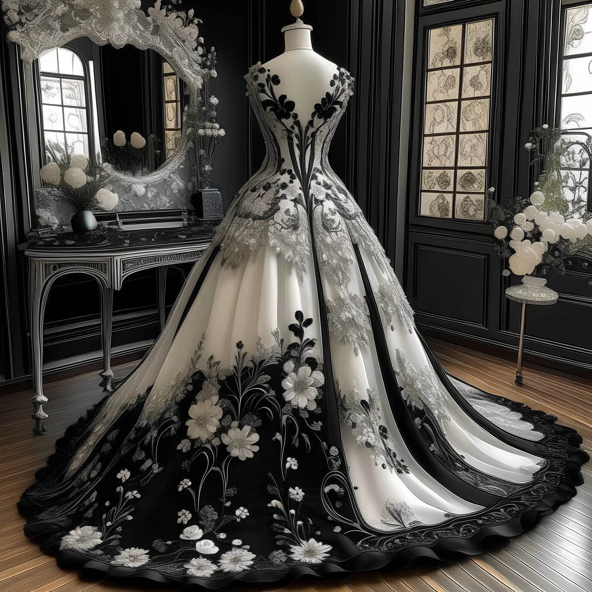 On a display shelf finely detailed glowing crystal Colorful dinner dress, Handmade embroidery, black, gorgeous wedding dress, exquisite lace and amazing large skirt, large lace bodice embroidery flower tailing wedding dress, the three - dimensional embroidery spread is extremely romantic, and the fluffy, plump and soft skirt has infinite charm. The elegant off white layered simple atmosphere wedding dress has a unique shape, and the slender waist lines are smoothiя Wi and natural