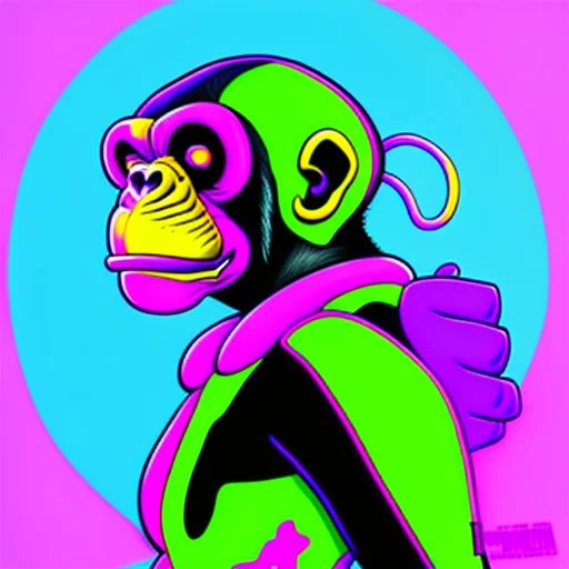 Mojojojo chimpanzee alien hybrid villain, expportrayed digital illustration of cartoonist animation style, 90s cartoon animation, hand drawn, lisa frank coart gross art, pop punk, 90s anime inspired, airbrushing, post modern, horror cut, gradient chrome abberations, retro weird drawings