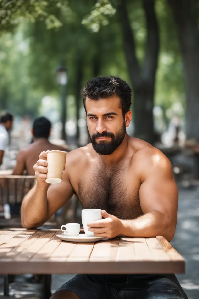 half figure photography of an ugly turkish barman servicing one coffee at the table, burly robust muscular chubby shirtless short beard short hair, mainly chest very hairy 25 years old man, in a public park of Istambul , sunny day, sweat, wet, big shoulders, angry eyes, photorealistic