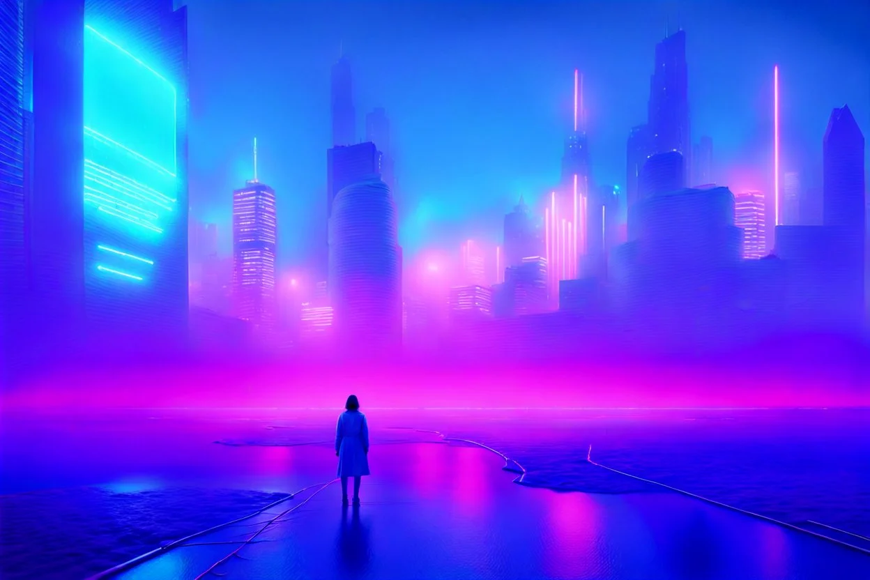 a hazy, foggy landscape with glowing neon lights in the distance, hinting at a futuristic cityscape where AI technology reigns supreme. The conceptual imagery evokes a sense of mystery and discovery, as well as emotional journeys both human and robotic in nature., Lush void, imperfection, natural lighting, cinematic, Fuji Film, Anamorphic lens, 2040s, deep depth of field, Solarpunk