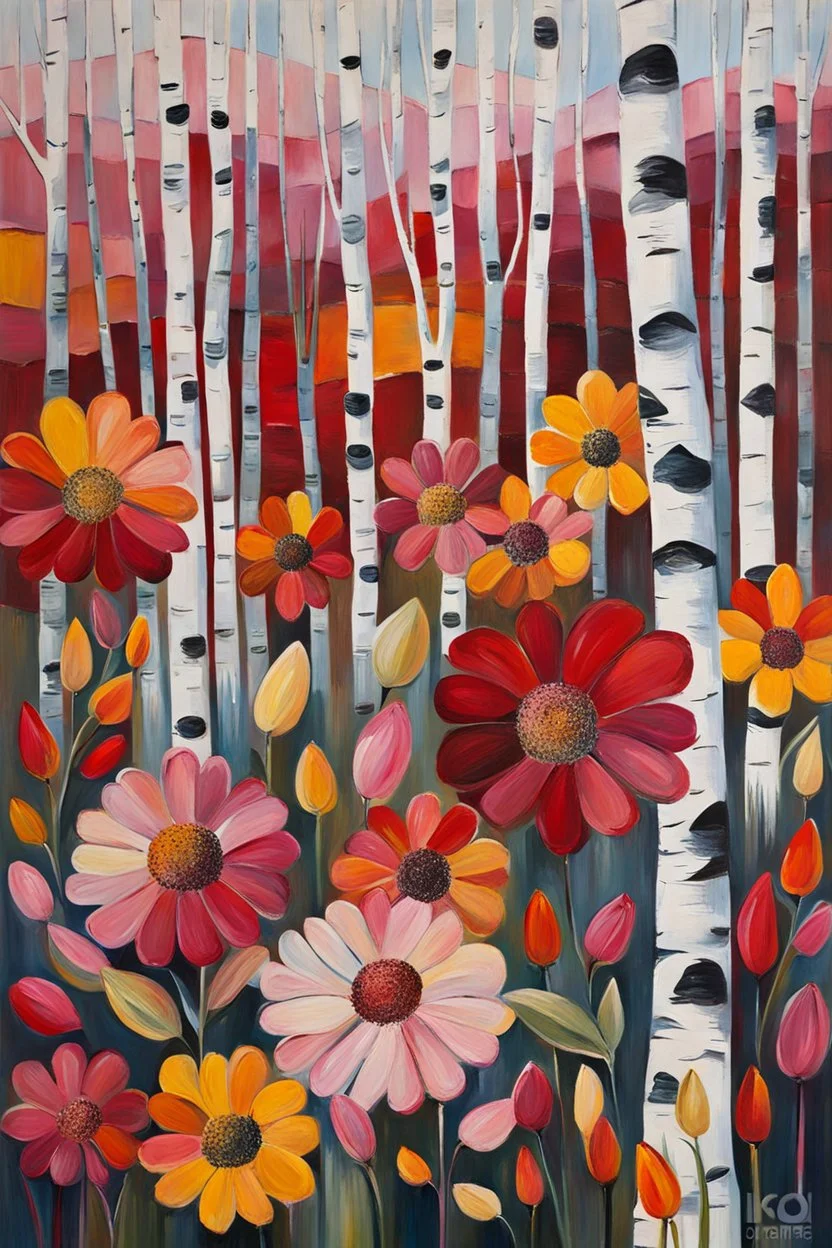 red, orange, yellow, pink flowers before birches. detalied, extremely high textured, botanical theme, with five, very thick layers of paint, with some brush bristles