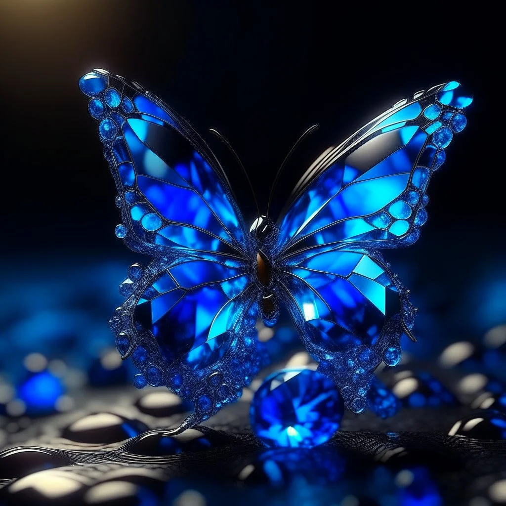 crystal butterfly made of gems made of different shades of blue, dark blue nebula galaxy in background, amibent mood,16k resolution photorealistic, masterpiece, hight contrast, depth of field, breathtaking intricate details, realistic and lifelike cgi, dramatic natural lighting, reflective catchlights, high quality CGI VFX fine art