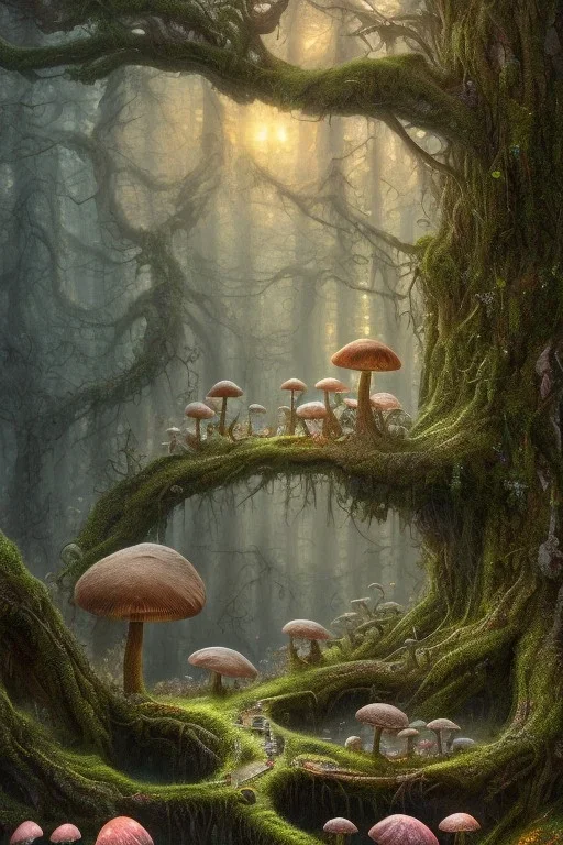 high-quality, fine-detail beautiful, breath-taking forest with gnarled trees, dragon sleeping, flowers, clear reflective lake, some mushrooms, tranquil, stunning, 8k resolution, intricate, digital art, detailed matte, volumetric lighting, George Grie, Anne Dittman, Anne Stokes, Lisa Parker, Selina French, Alphonse Mucha