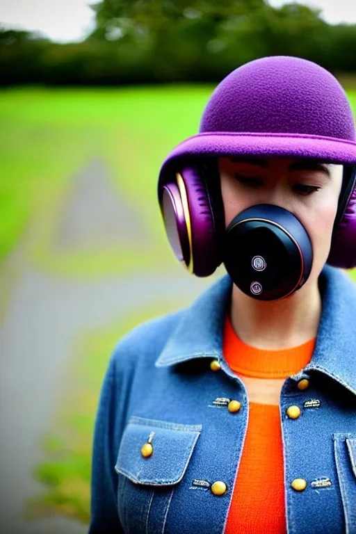 Fresh woman, no make-up, plum-blue-magenta-camouflage jacket. Old-fashioned things like CD's, microphone integrated to mask! Felt cloth visor with tippet. Orange cables, Golden rings, black old AKG headphones. jacket materials are denim and felt cloth mixed. Fashion 1990's. Venue is a tiny old farm with Chicken and cockatoo, Natural Light. Possible clothes colours: Cream white, zinc plate, red ochre, ochre. Thick tights. Thick calves. wide hip