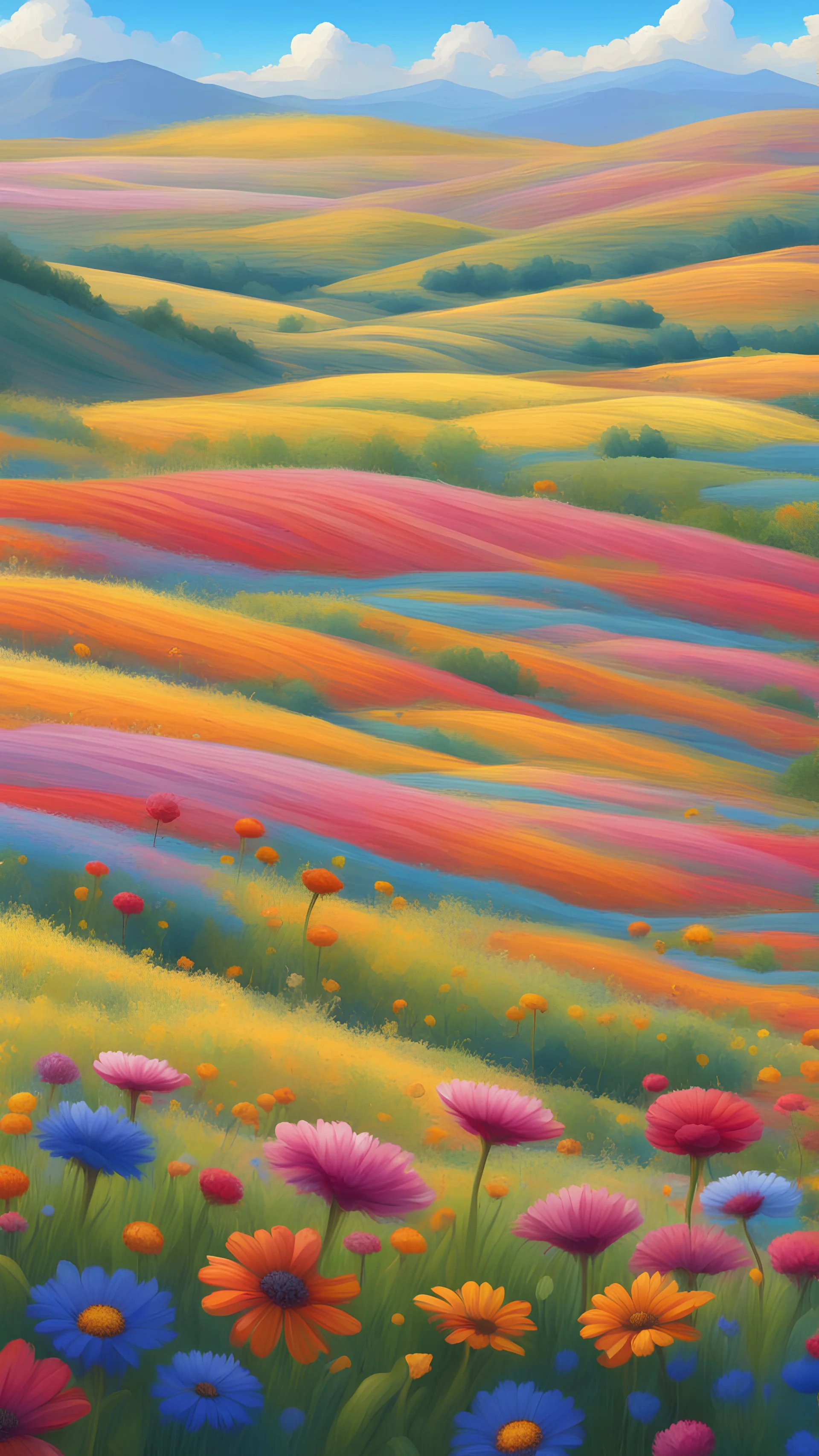 Lush flower fields in full bloom, vivid colors, rolling hills in the background, clear blue skies, spring landscapes, blooming wildflowers, tranquil surroundings, rich details, AI-generated masterpieces, high resolution, vivid color palettes, detailed brushstrokes, realistic and picturesque, warm natural lighting, Artbreeder. 8K Very Detailed, Colorful, Very Cute, Elegant, Beautiful, High Detail, Wonderful Views, Dynamic Lighting, Ultra Detailed, Acrylic Art, High Quality, High Resolution, Crisp