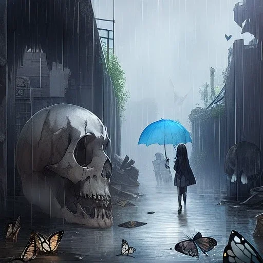 Skulls Queen, raining,Butterfly, raiven, destroyed Market,