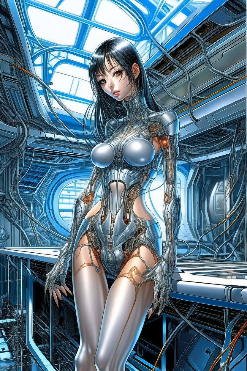 A digital painting by Kuniyoshi and Hajime Sorayama of full body tech beautiful cyborg girl inside a futuristic matrix.