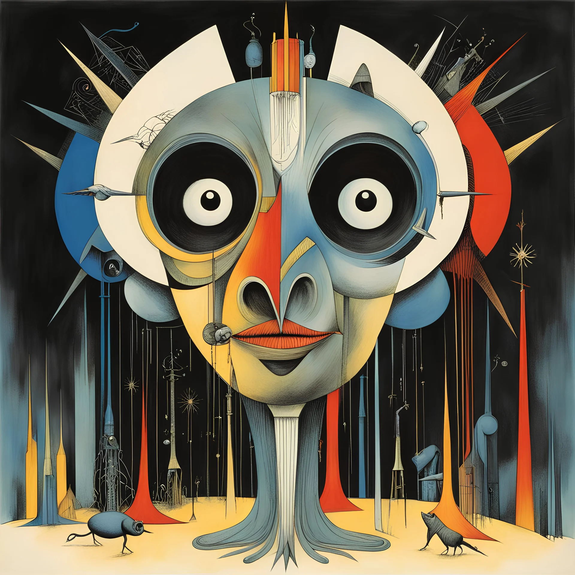 by Gerald Scarfe, by Wilfredo Lam, by Gabriel Pacheco, silkscreened mind-bending illustration; …! …! …! …! You Gotta stem the evil and keep it on the inside, heavy dreamy colors, Pink Floyd aesthetics, smooth album cover, Pig snout a charade!