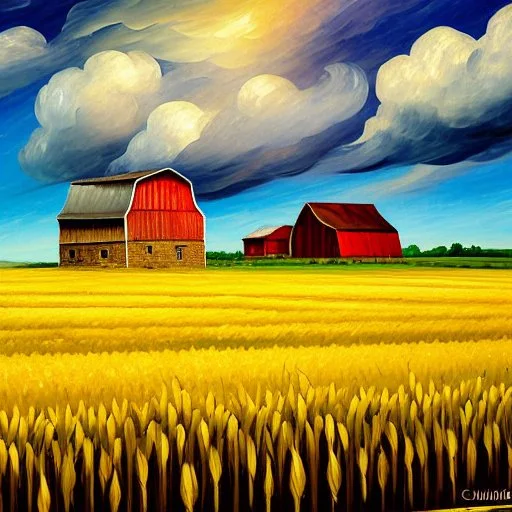 farmhouse and barn with a ripe wheat field next to it. The ears of corn bend in the wind, the sky is bright blue with lovely fluffy clouds. Modifiers: fantasy oil on canvas beautiful high detail ultra detailed crisp quality Guido Borelli da Caluso Leonid Afremov Alex Alemany Sherry Akrami © Crystaldelic