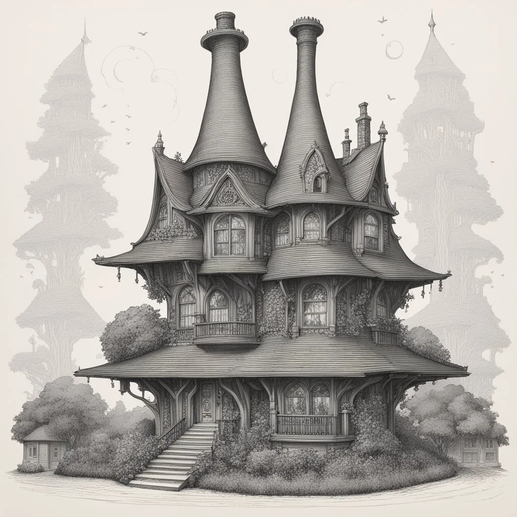 A detailed ink illustration of a front elevation of a fantasy house, with a tall chimney, rooms and floors added to the sides and roofs.