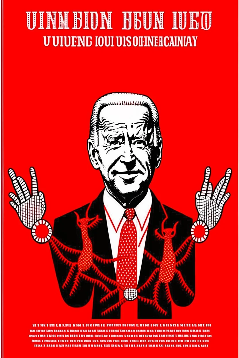 president joe biden in style of shepard fairy obama poster style red colour stencil with puppet strings