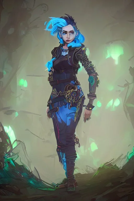 standing steampunk elf with blue hair in a neon dystopian forest