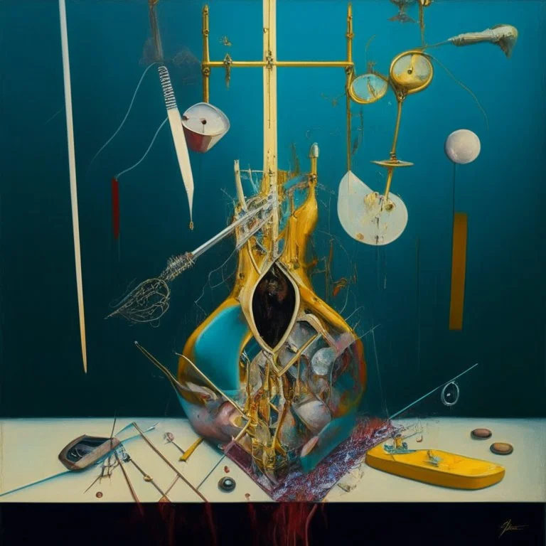 Abstract painting formed by a mix of human flesh-like surgical instruments and universe-like musical instruments,neuralink,minimalism,Painting By Adrian Ghenie, Rene Magritte, Salvador Dali, Lucian Freud