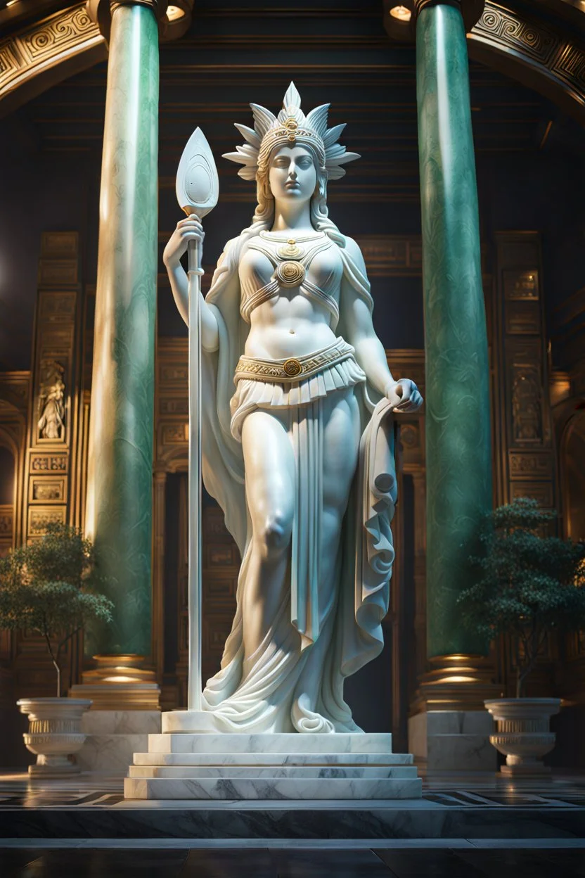 highly detailed marble and jade statue on a plint of the roman goddess of the sun. full body shot, volumetric fog, Hyperrealism, breathtaking, ultra realistic, unreal engine, ultra detailed, cyber background, Hyperrealism, cinematic lighting, highly detailed, breathtaking, stunning temple environment