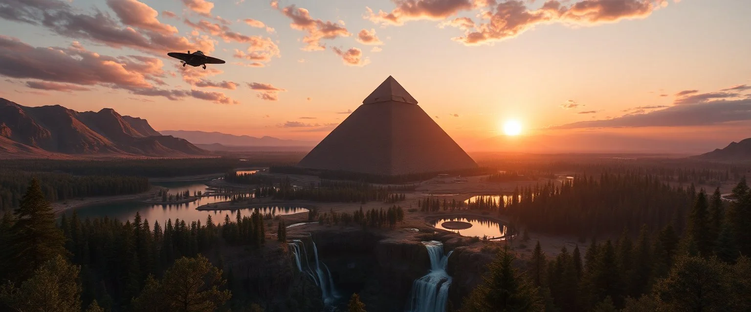 you can land or fly a spacecraft in a world with forests, deserts, lakes, pyramids with aqua-ducts adjacent and waterfalls, at sunset